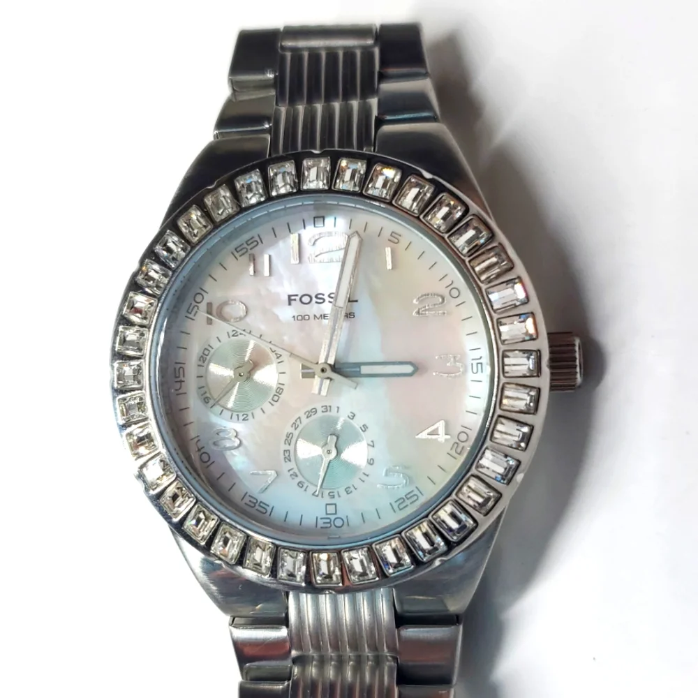 Fossil Watch BQ9360 Silver Steel Wristband Mother of Pearl Face Dual Subdial